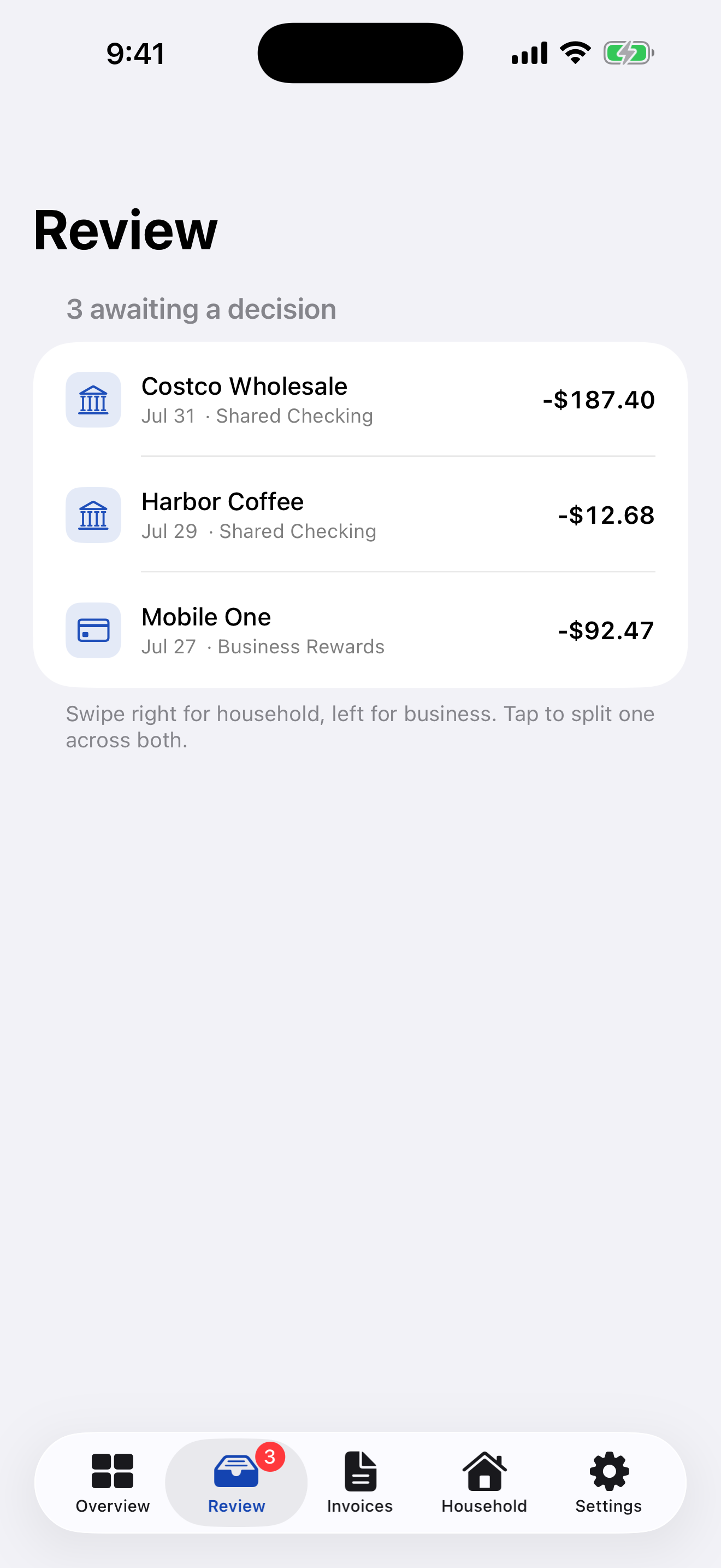 SamePocket Review showing three fictional transactions awaiting a household or business decision