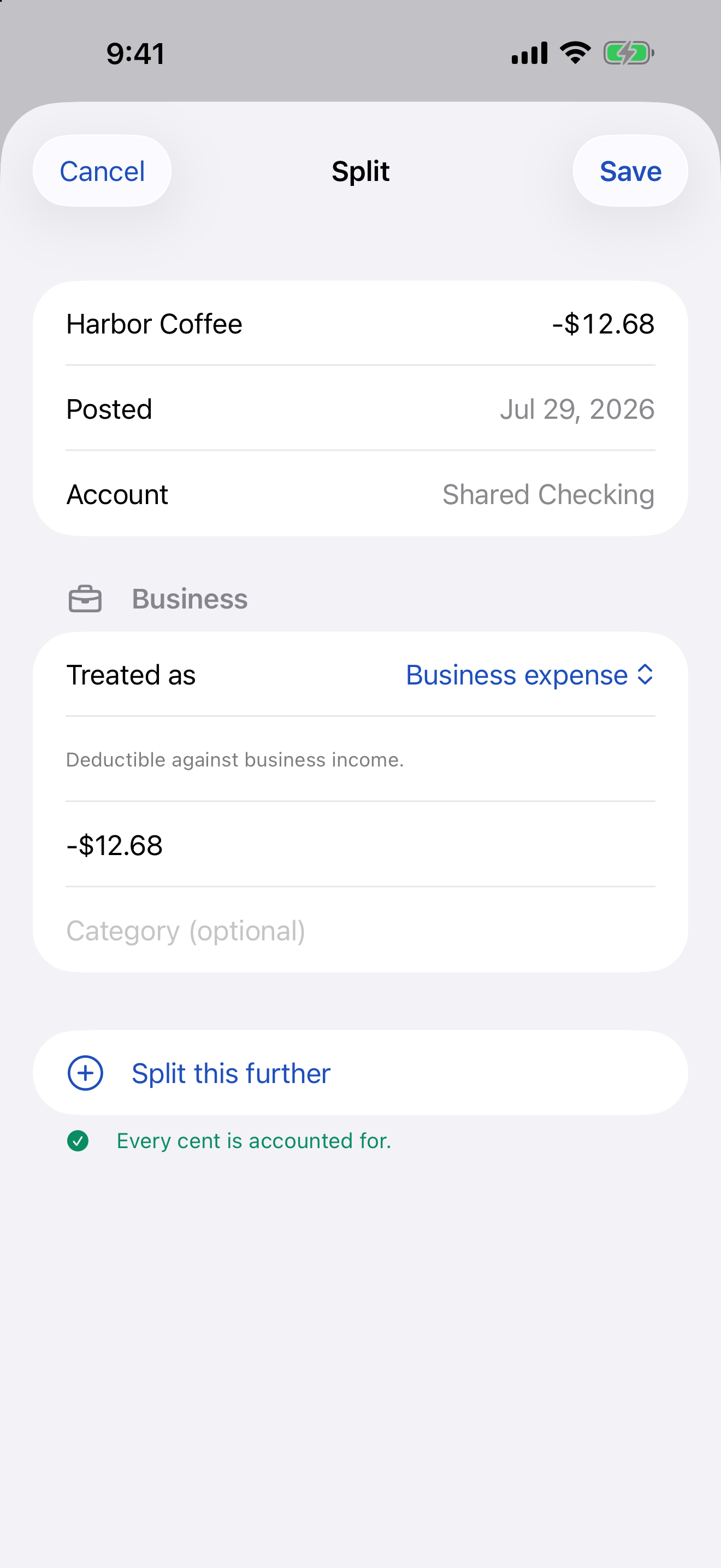 SamePocket Split showing a fictional purchase assigned to a business treatment with every cent accounted for